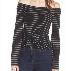 Stripe twist front off the shoulder top
